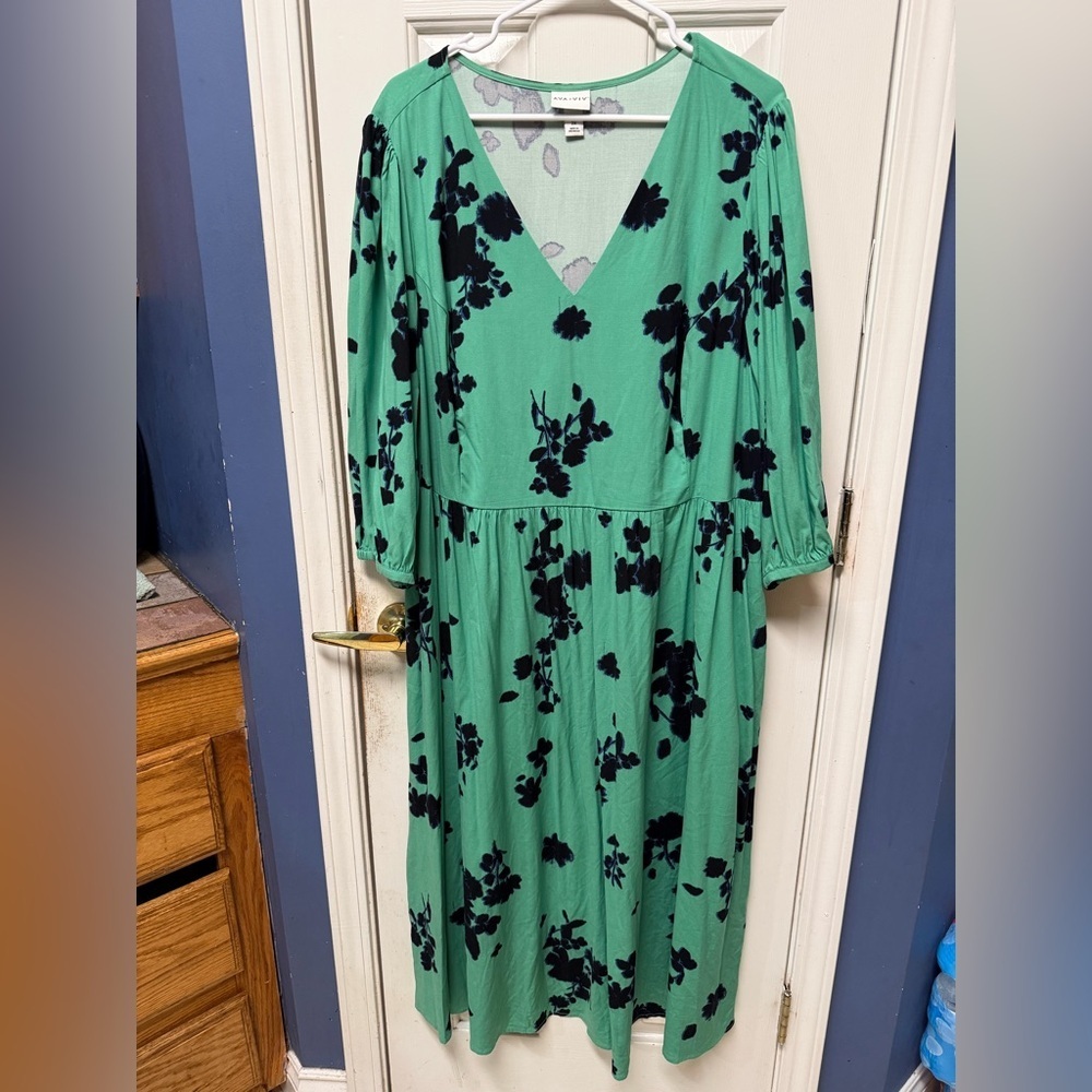 Ava & Viv 2X Spring Summer Midi Shift Floral Print Vneck 3/4 Sleeve Dress - Picture 2 of 9